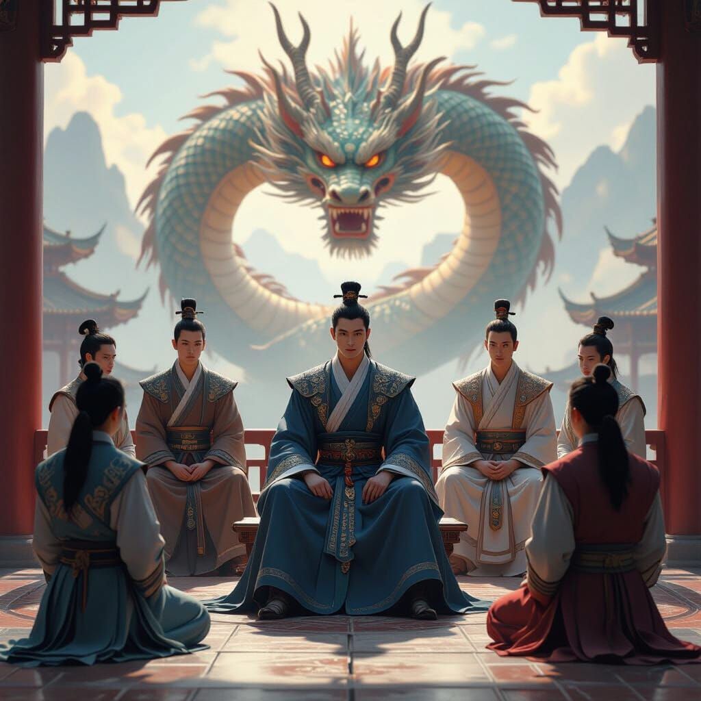 Chinese Master with Disciples on Palace Platform