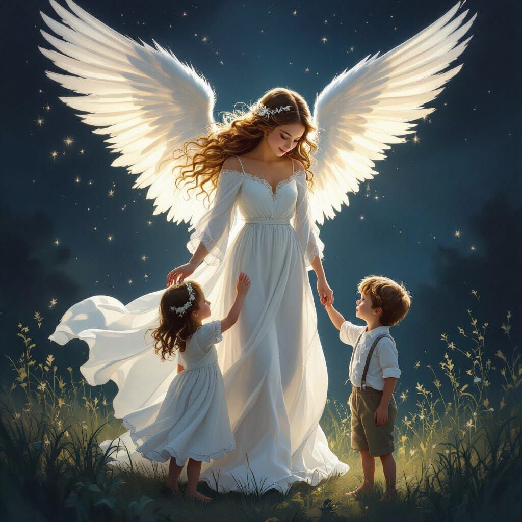 Ethereal Angel Helping Children on a Dark Night