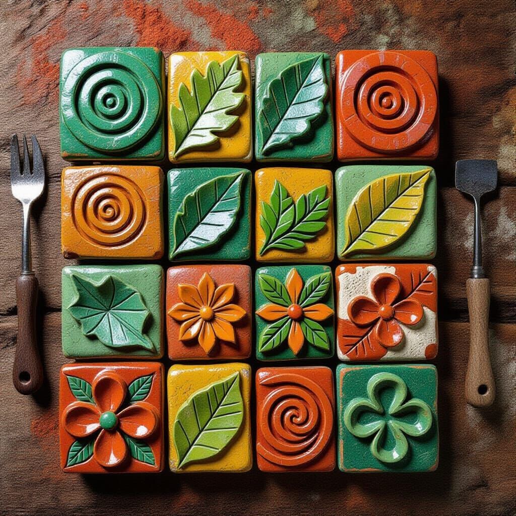 Mosaic of Hand-Crafted Clay Tiles with Earthy Glazes