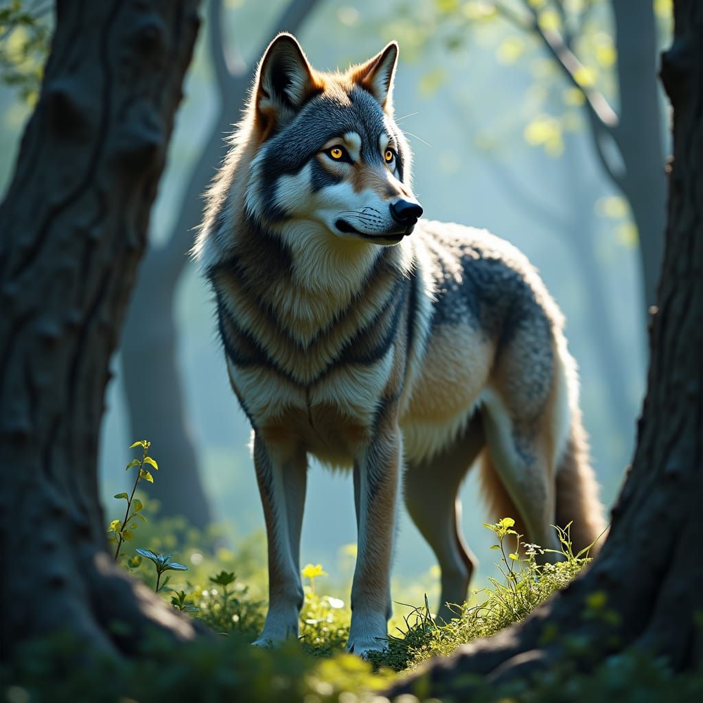 Regal Wolf in Sun-Dappled Forest, Wildlife Art