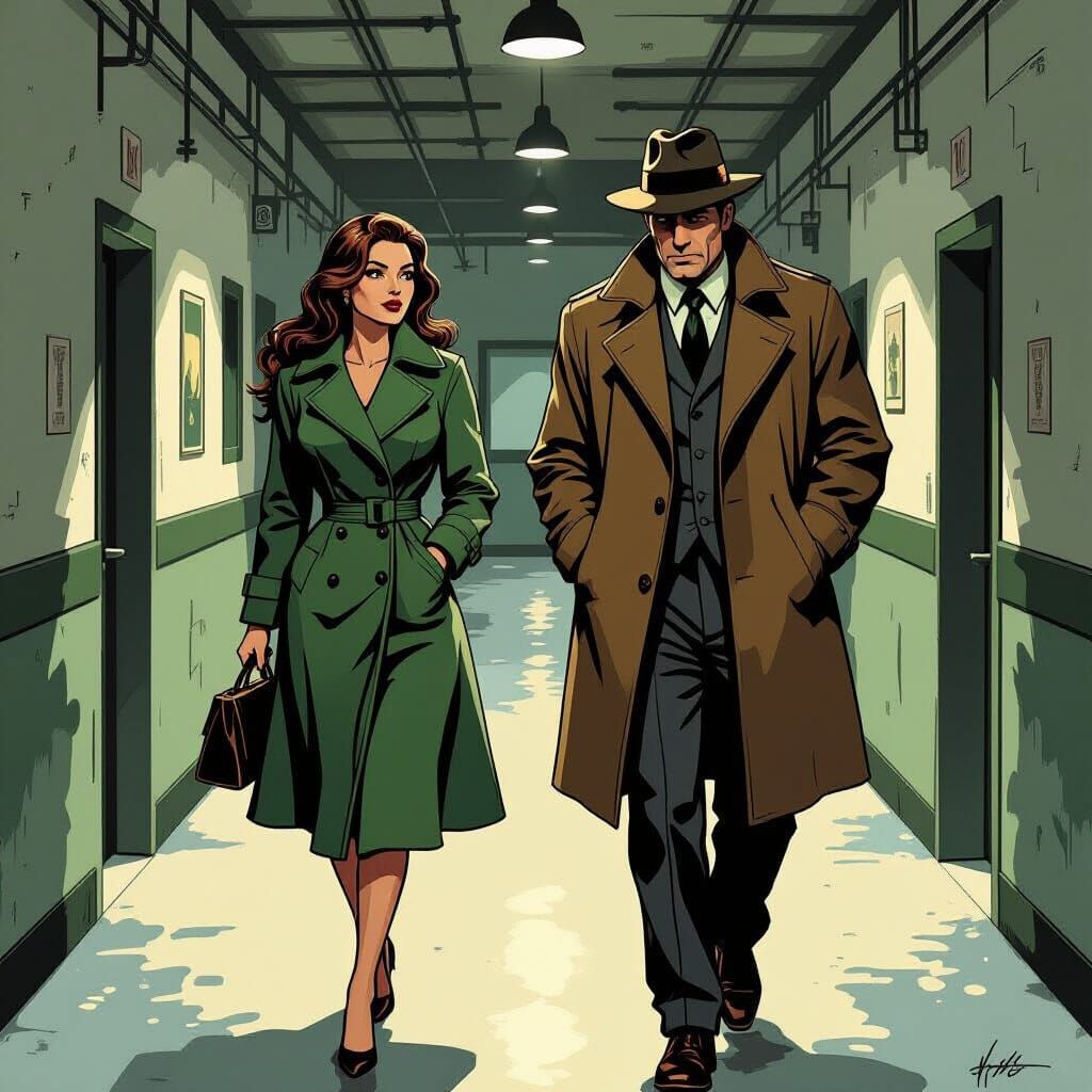 Creepy Mystery: Woman and Detective in Noir Style
