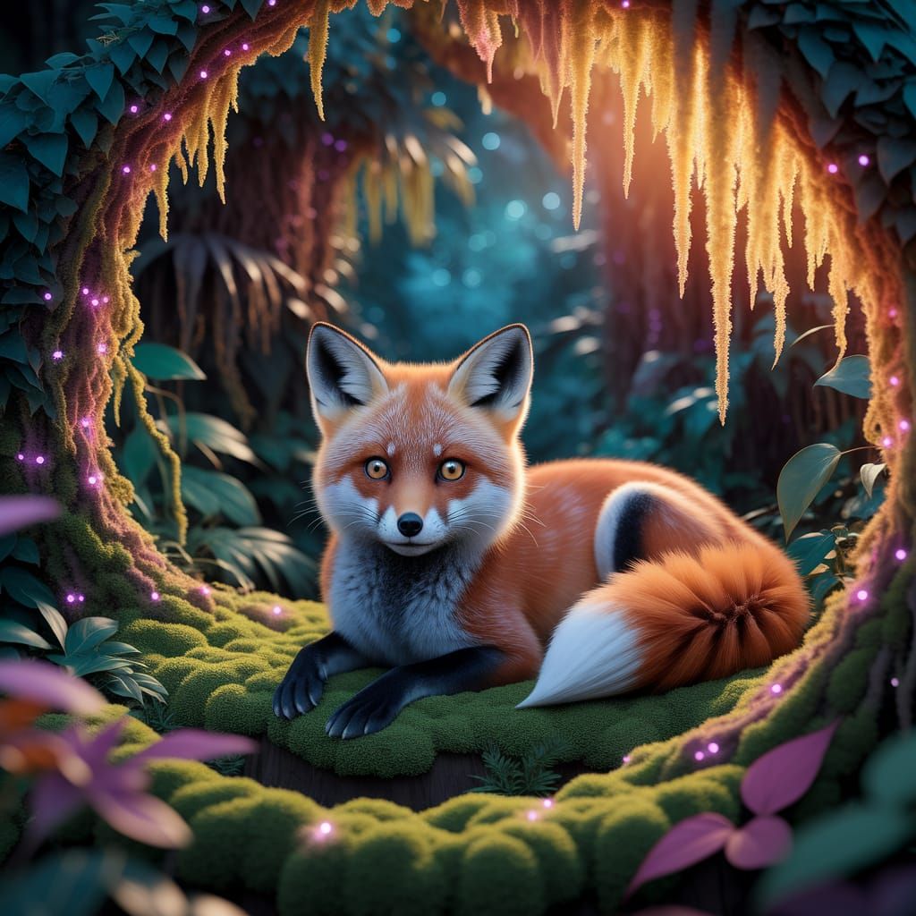 Fox in Bioluminescent Paradise: Art Nouveau Style