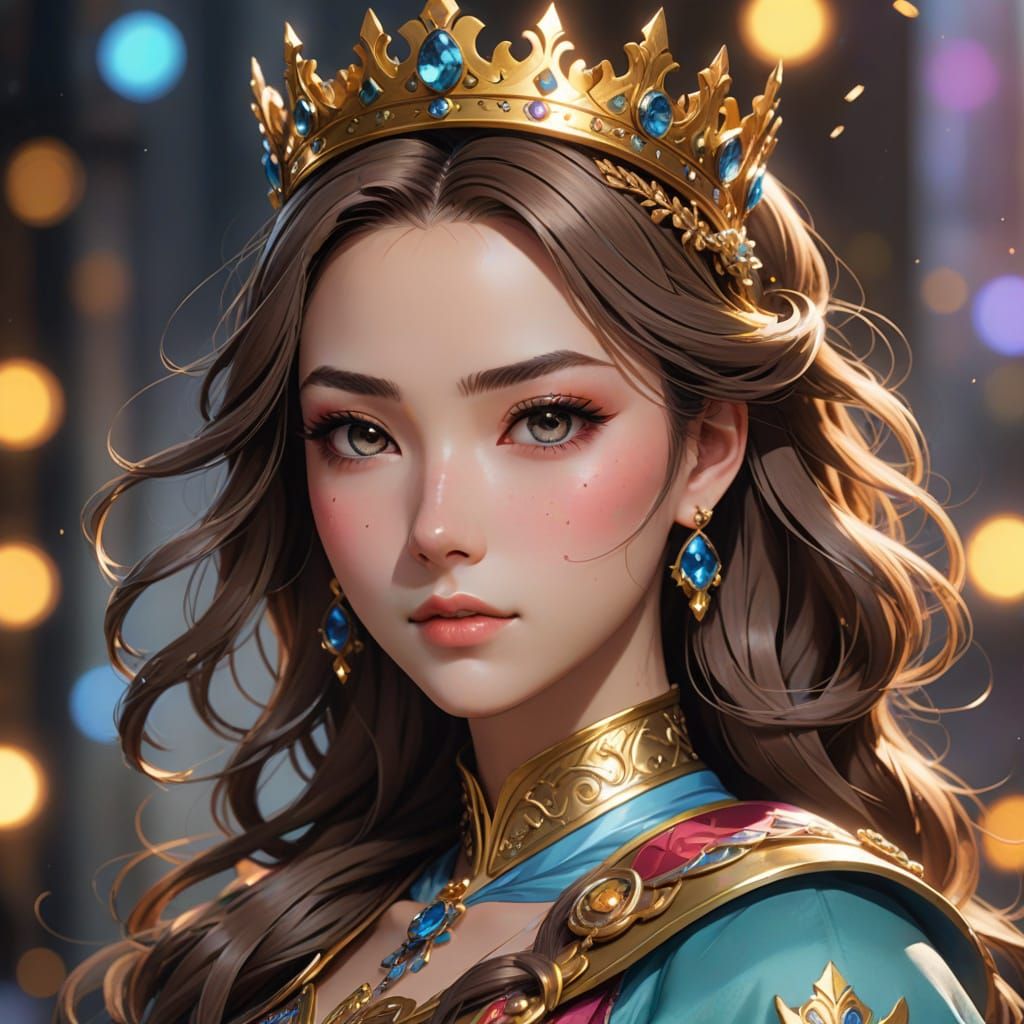 Anime Princess Portrait with Golden Crown in 3D