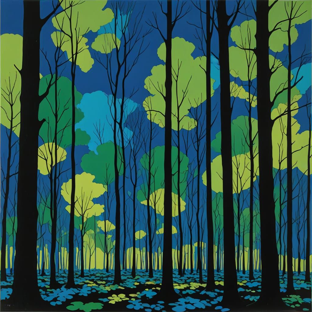 Electric Blue and Pale Green Forest at Night