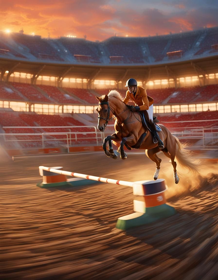Horse and Rider Jump in Stadium at Dusk