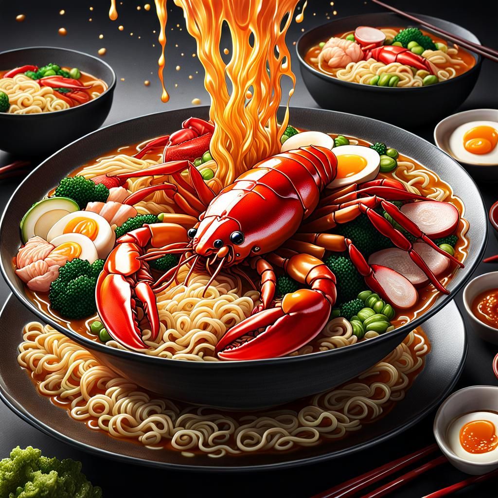Exploding Gourmet Lobster Ramen in Hyper-Realistic Style