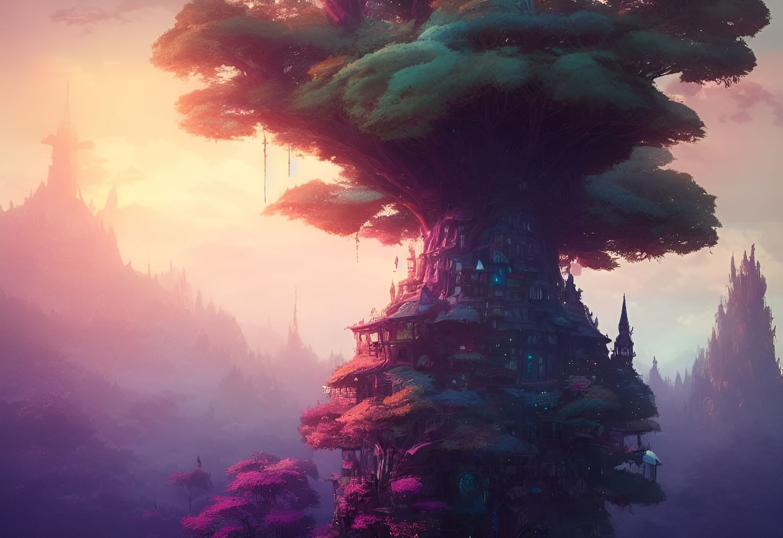 Magic Tower on Ancient Tree: Fantasy Landscape