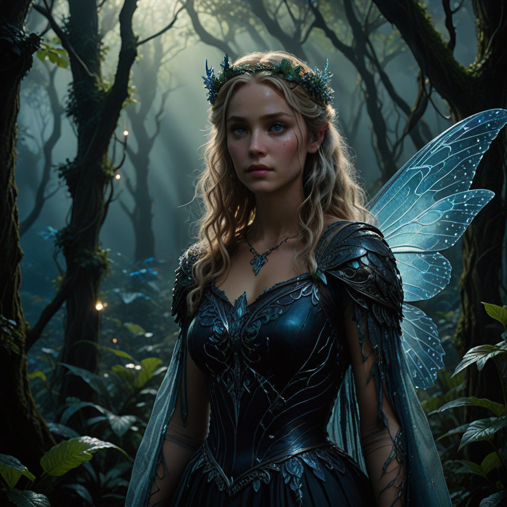 Mystical Dark Fairy in Whimsical Forest Dreamscape with Wavy...