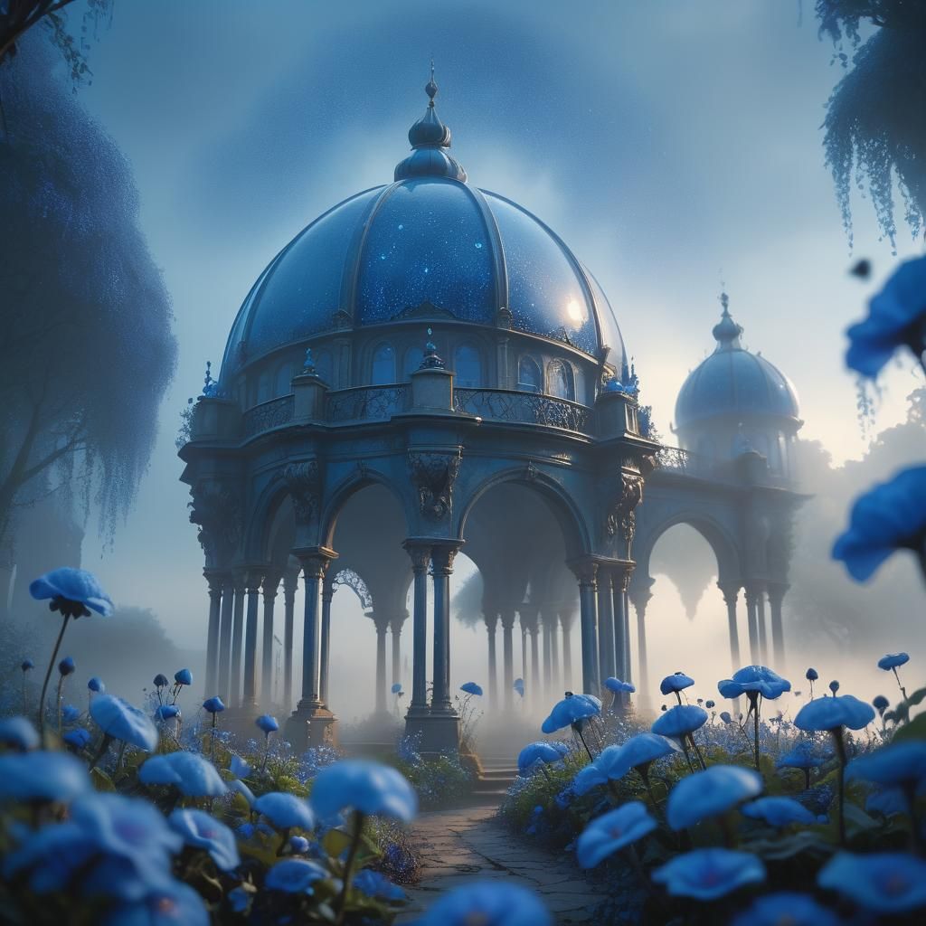 Serene Blue Garden Under Misty Sky: Digital Painting