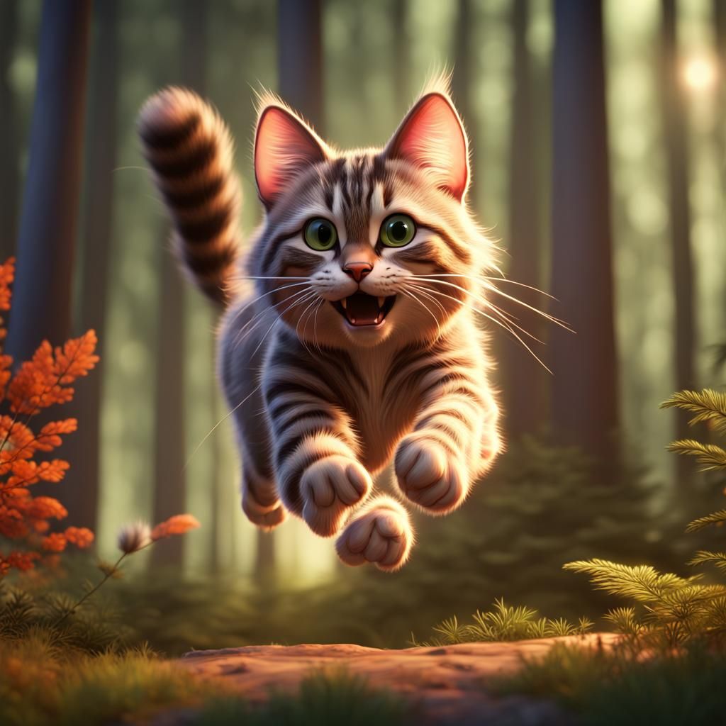 Hyperrealistic North American Forest Cat Jumping, 3D Art