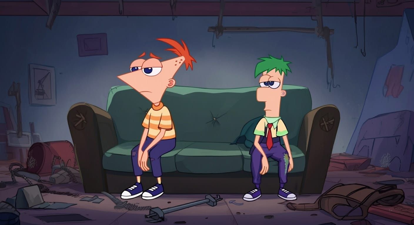 Phineas and Ferb's Disappointment: Cartoon Illustration