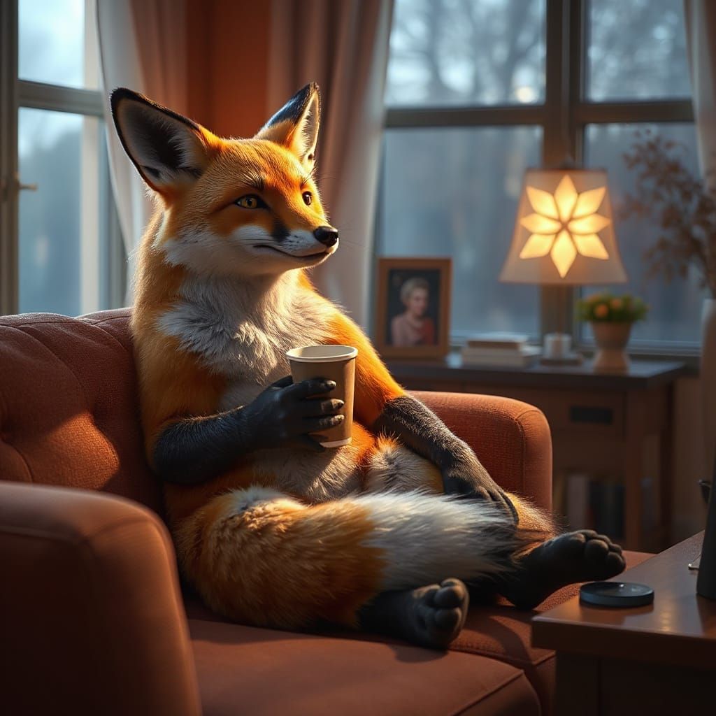 Anthropomorphic Fox Watching TV in 3D Anime Style