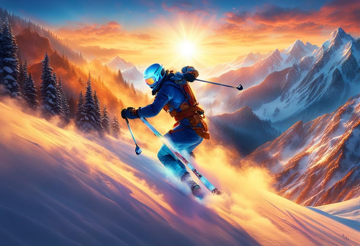 Armored Skier Descends Iridescent Mountain at Sunset