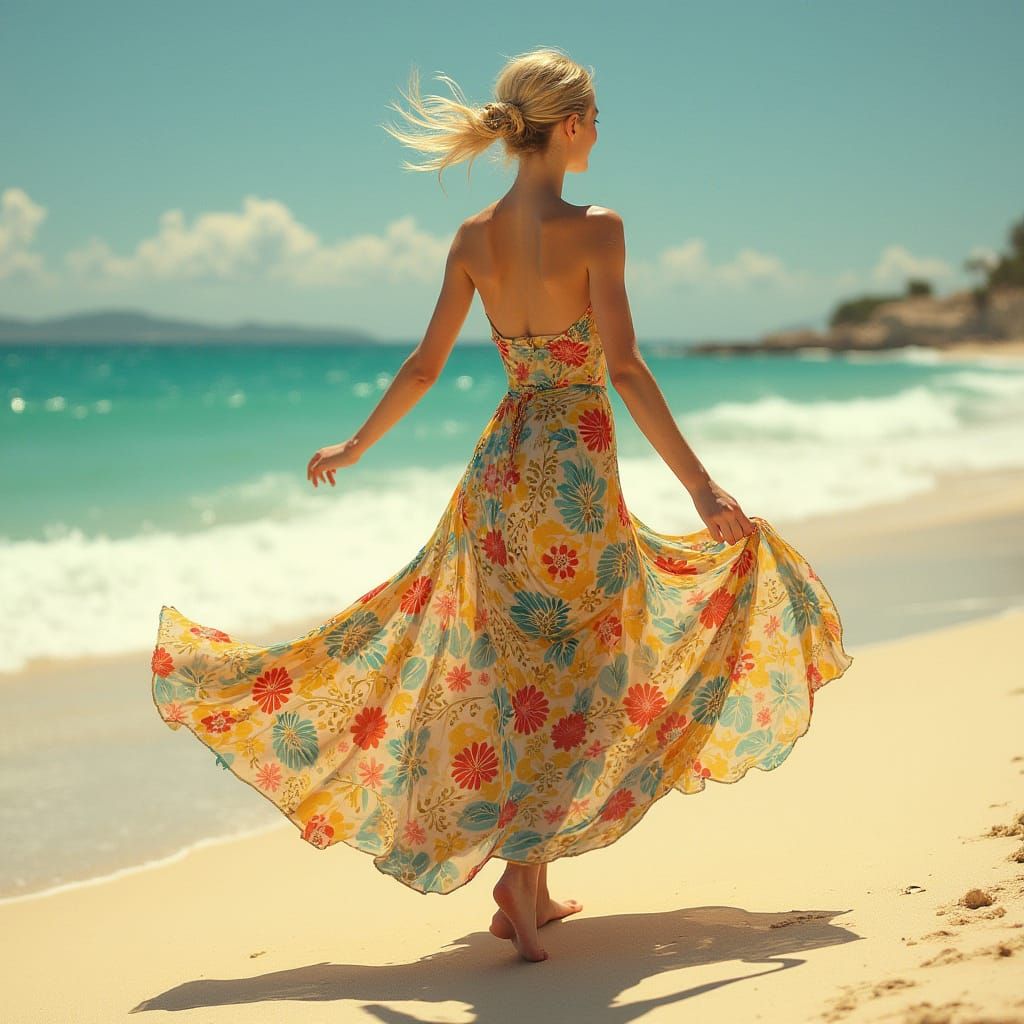 Woman Dancing on Beach in Art Nouveau Style