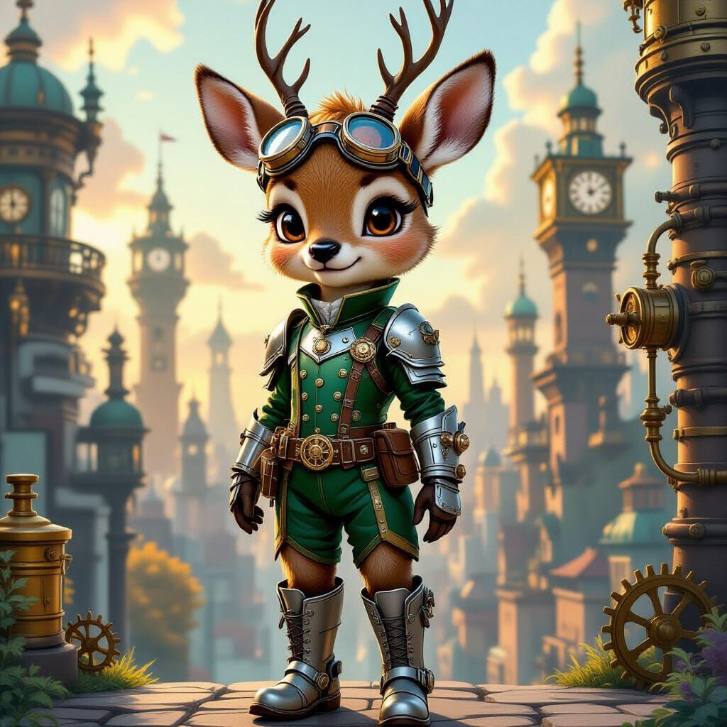 Steampunk Deer in Whimsical Clockwork City