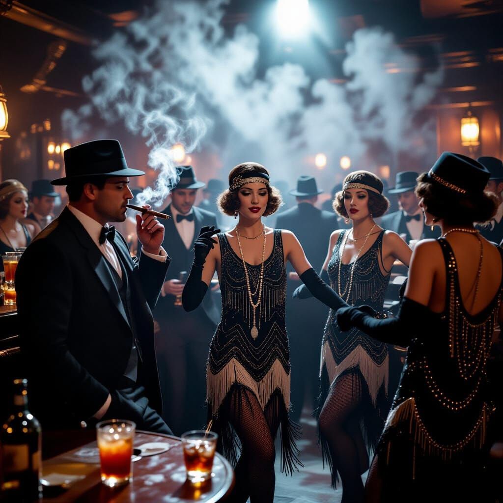 Roaring 20s Speakeasy Scene in Noir Style