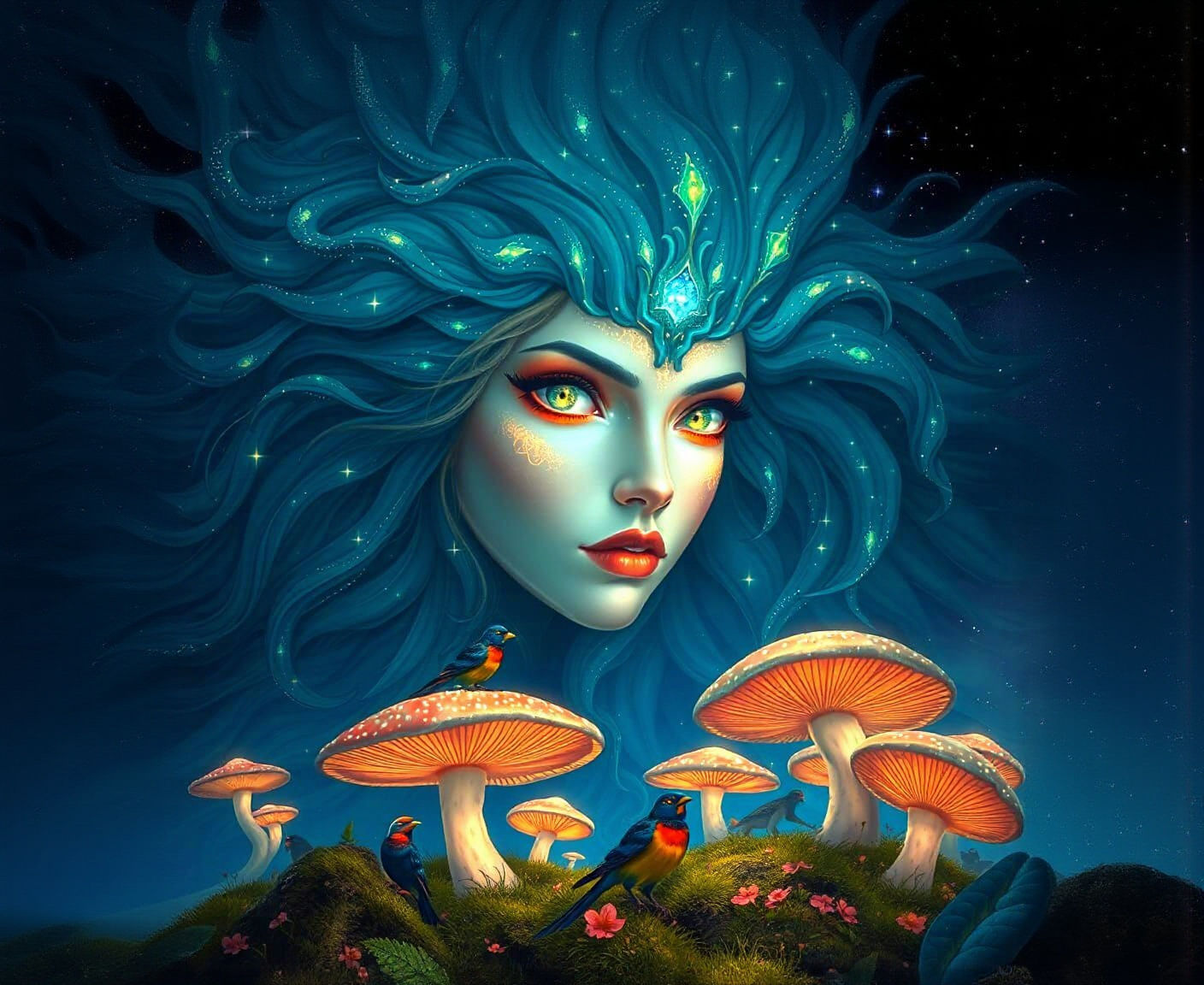 Bioluminescent Starlight Woman Over Glowing Mushroom Forest