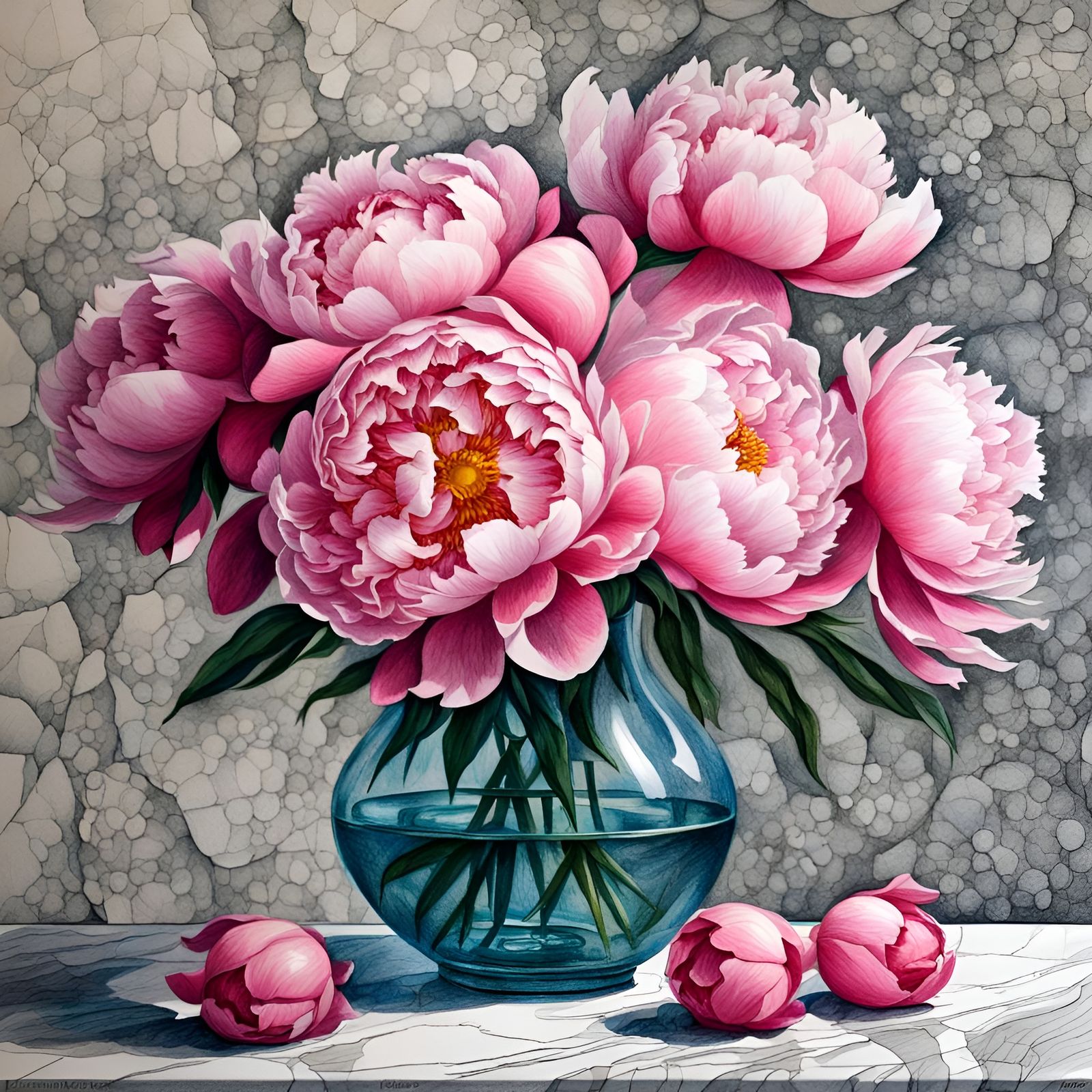 Pink Peonies in Stippling Style