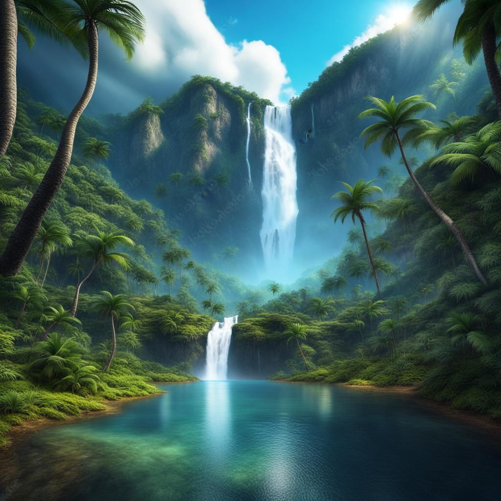 Lush Tropical World With Mountains and Waterfalls