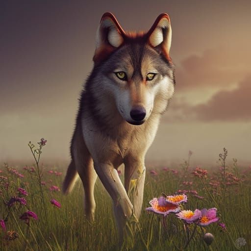 Wolf Puppy in Field of Flowers at Sunset