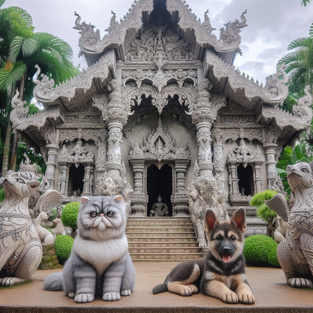 Cat and Puppy Sculptures Adorn Temple Entrance