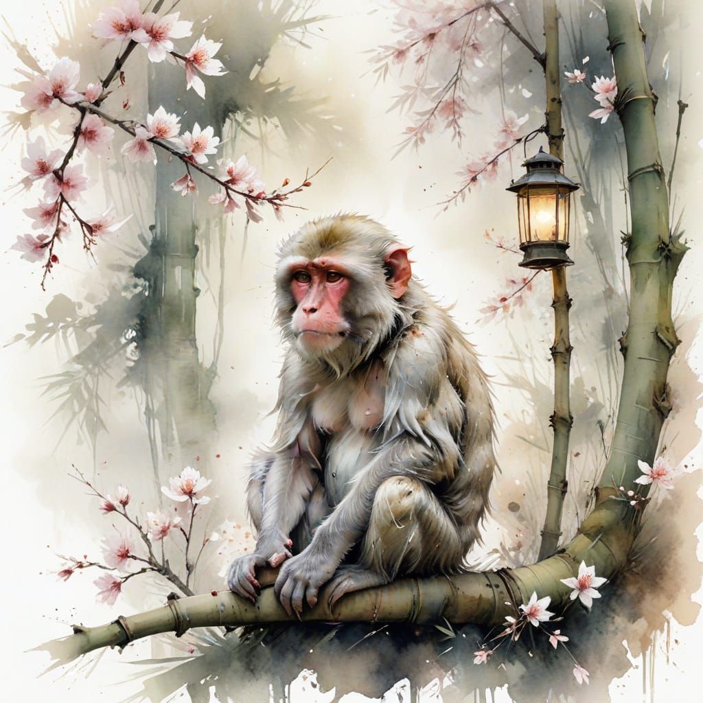 Japanese Macaque in Dreamy Watercolour Bamboo Grove