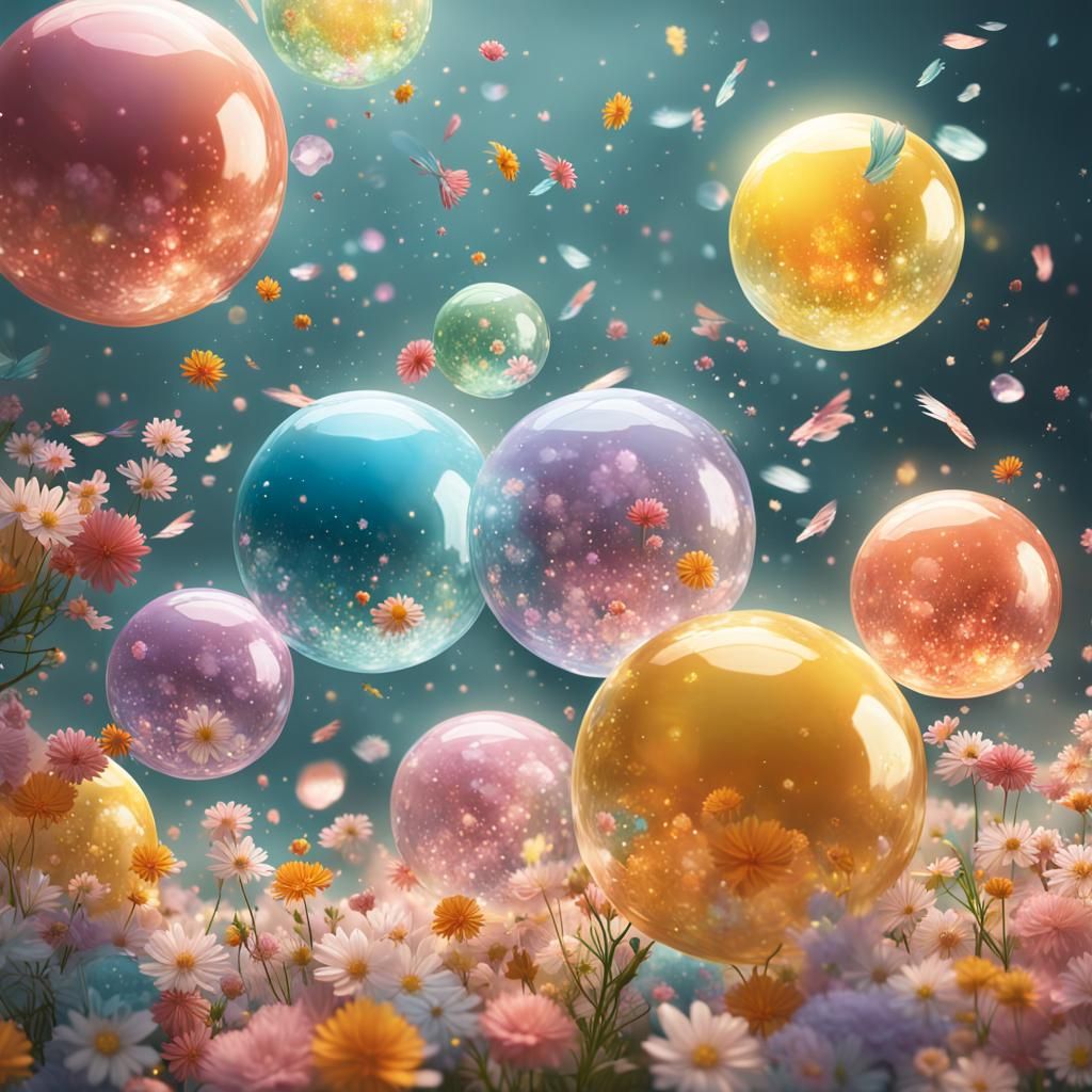 Pastel Balls and Flowers in Hyperrealistic Splash Art