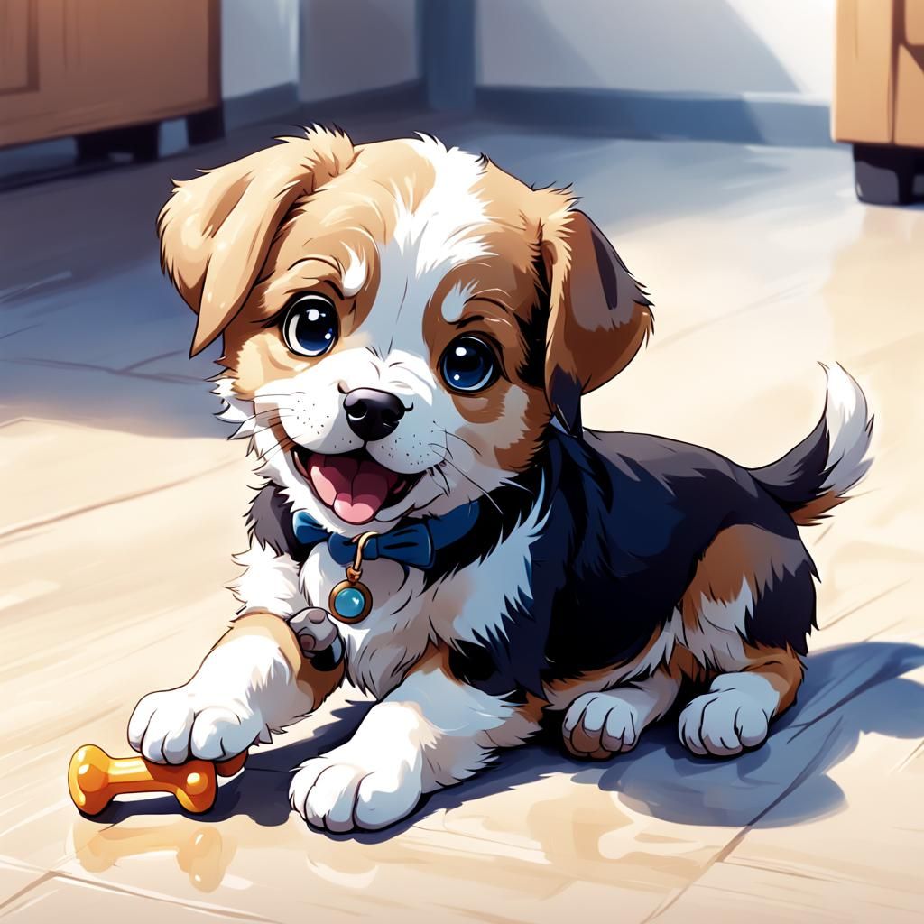 Adorable Puppy Plays with Bone in Anime Style
