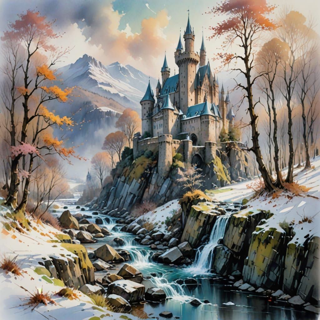 Winter Gothic Castle by River in Pastel Watercolor