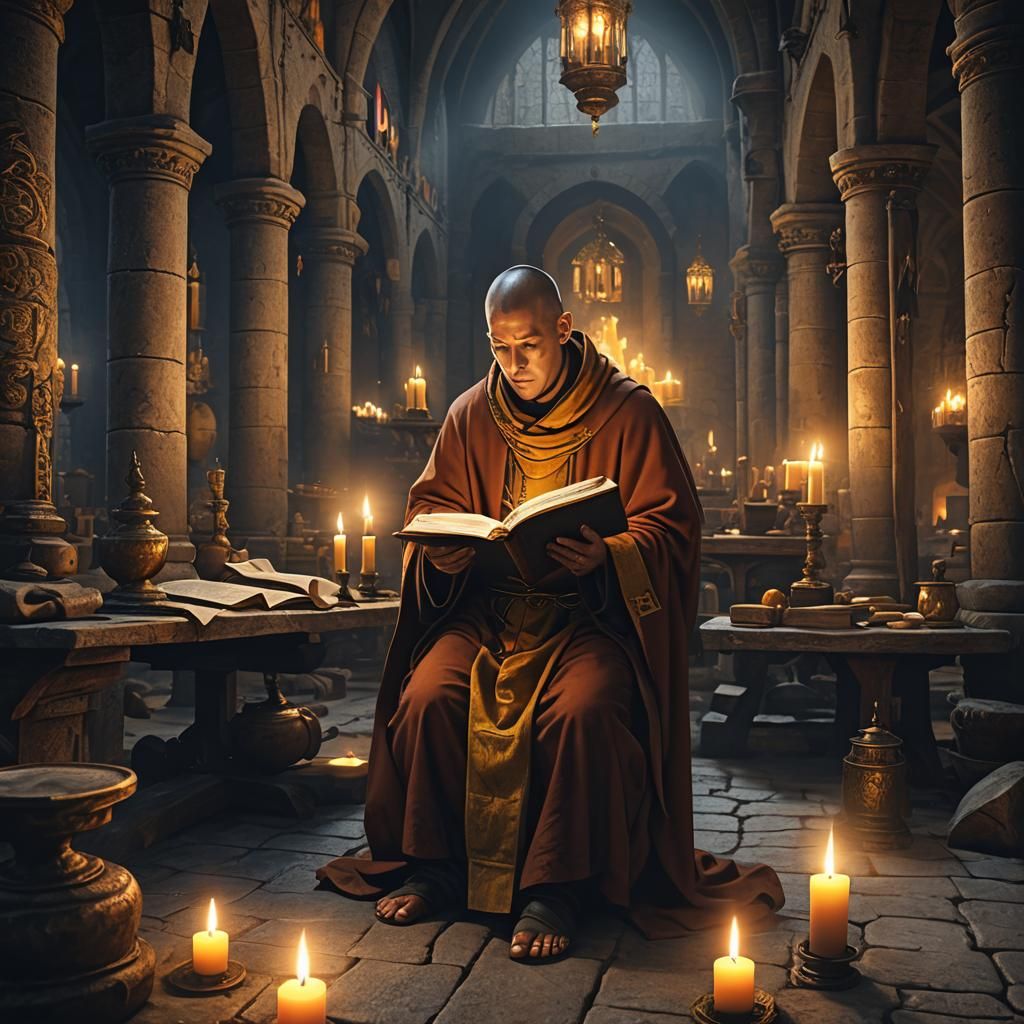 Monk Reads Scrolls by Candlelight in Detailed Painting