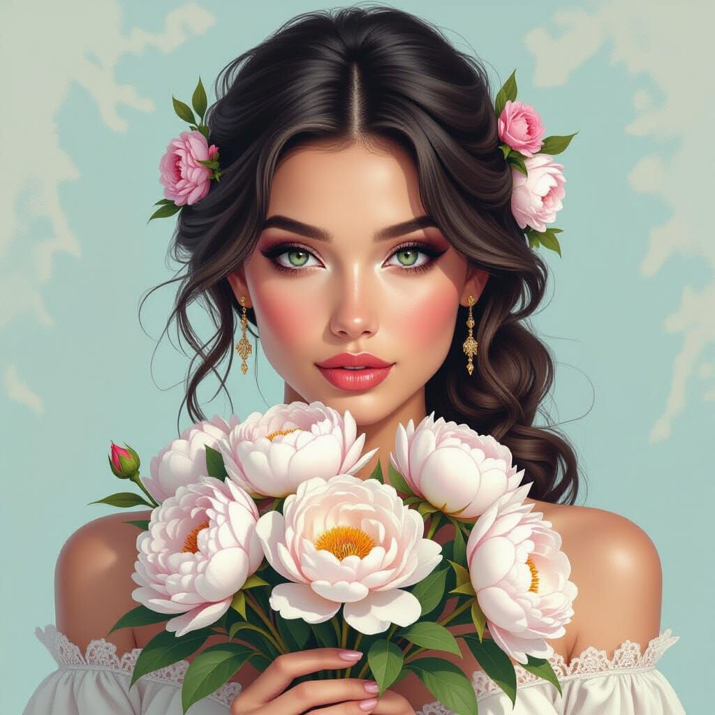 Woman with Peonies: Hyperrealistic Portrait in Watercolor