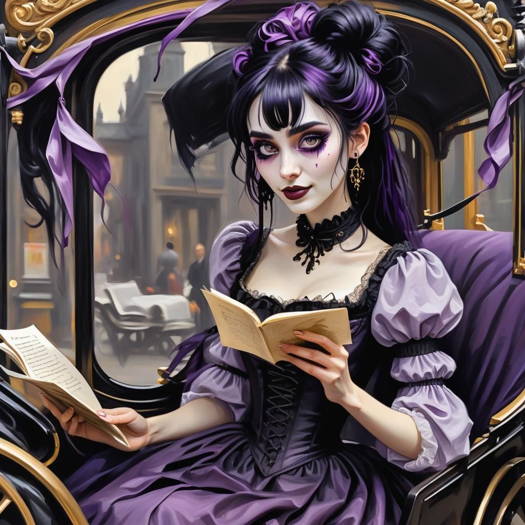 Gothic Girl Reading Letter, Expressionist Oil Painting