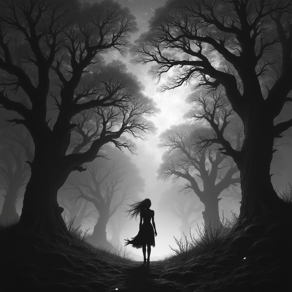 Woman silhouetted against ink nebula in spectral forest