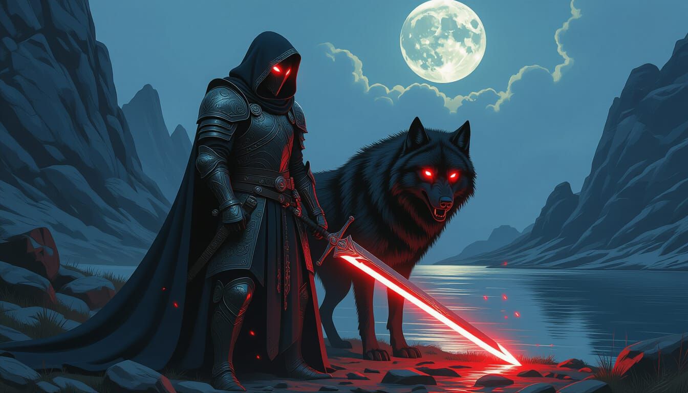 Dark Fantasy Warrior and Wolf with Red Glow