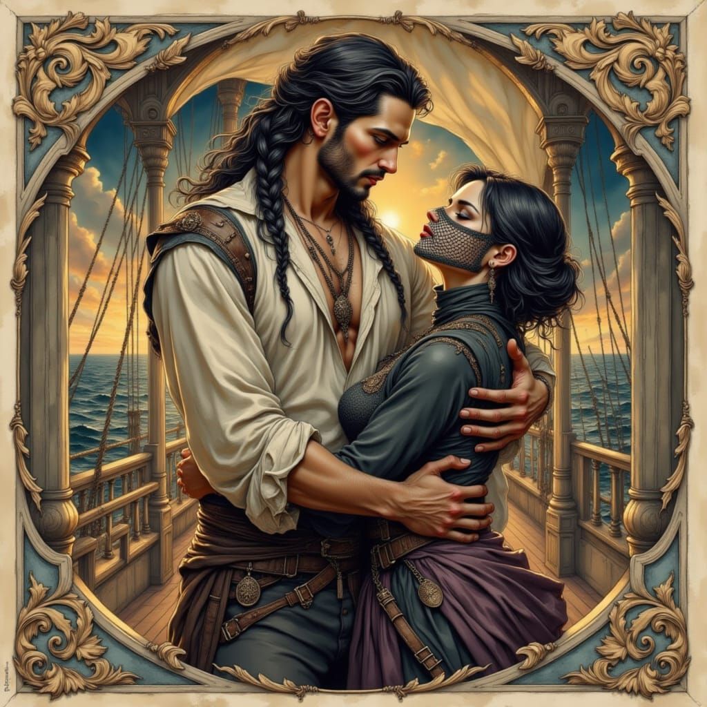 Passionate Pirate Embrace on Spanish Ship Deck
