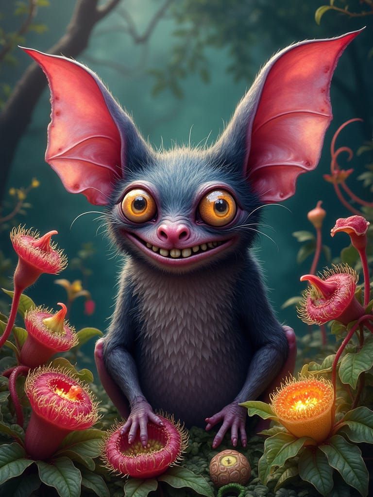 Whimsical Bat in a Lush, Dreamlike Garden