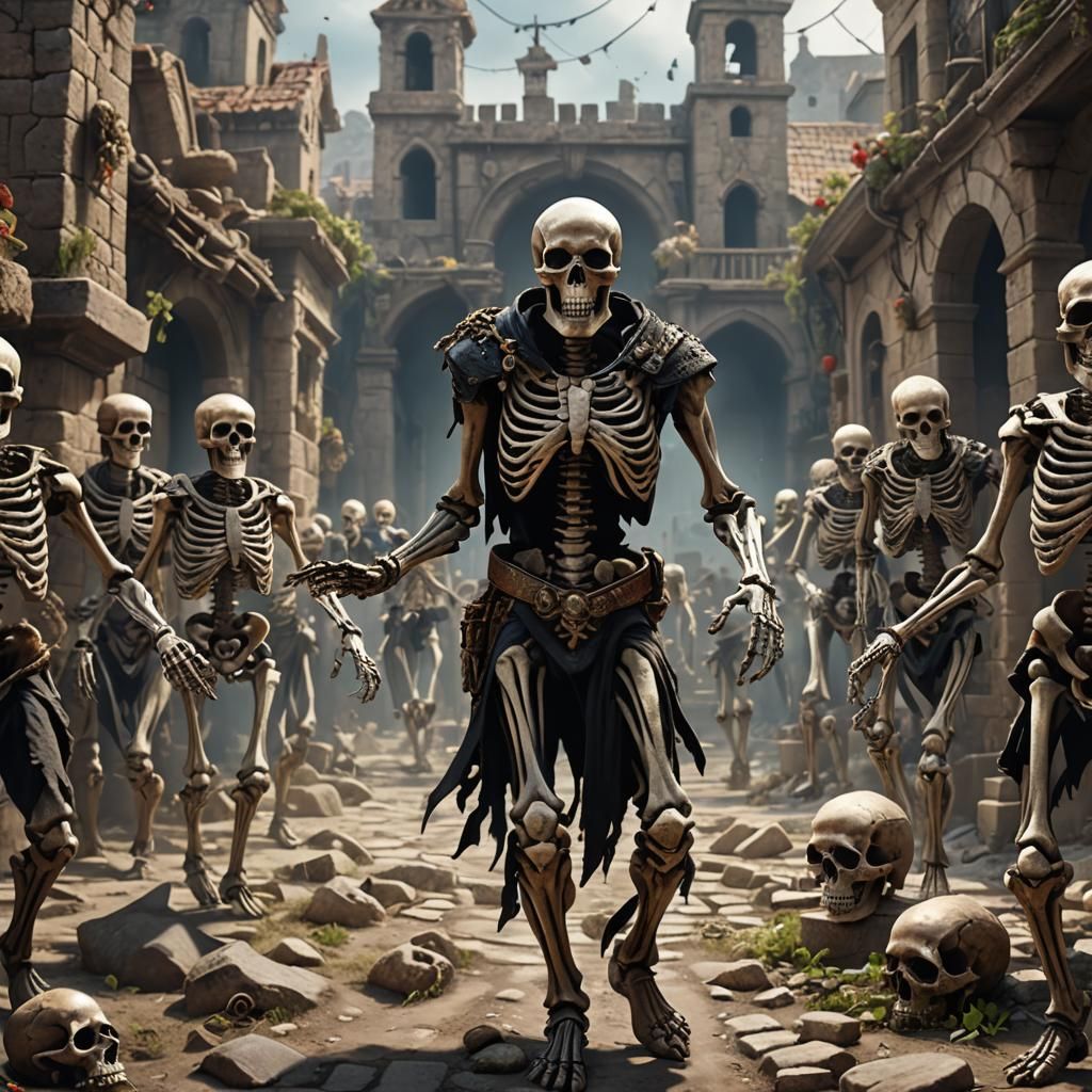 Skeletons' Dance Through Town: Hyperrealistic 8k Image