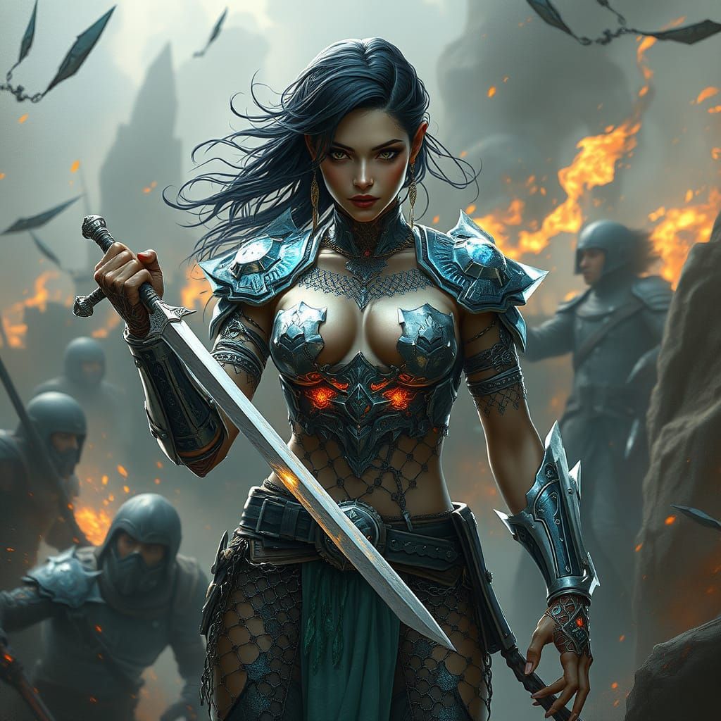 Crystalline Warrior Woman in Dystopian Battle Scene