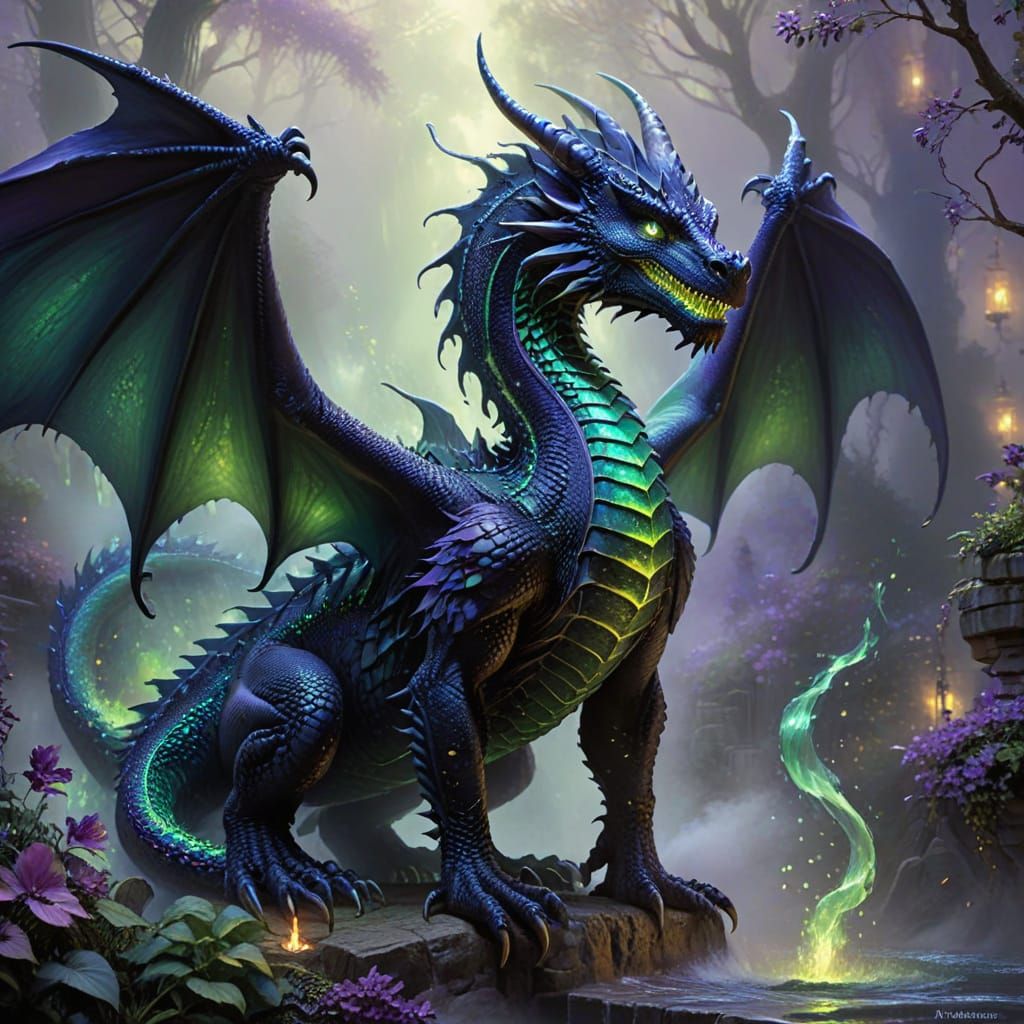 Mystical Black Dragon Unleashes Emerald Flames in Whimsical ...