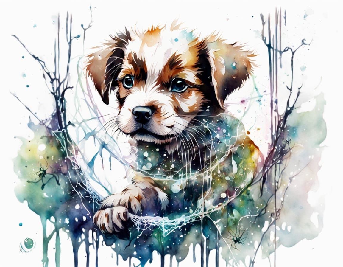 Puppy Discovers Dimensional Portal in Dewdrop, Watercolour A...