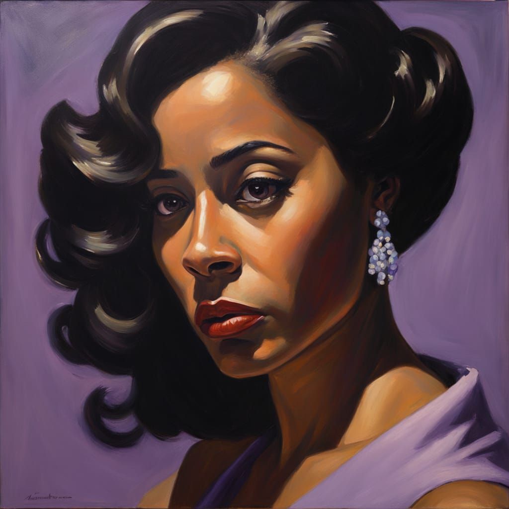 Anxious Woman in Lavender Gown, Film Noir Oil Portrait