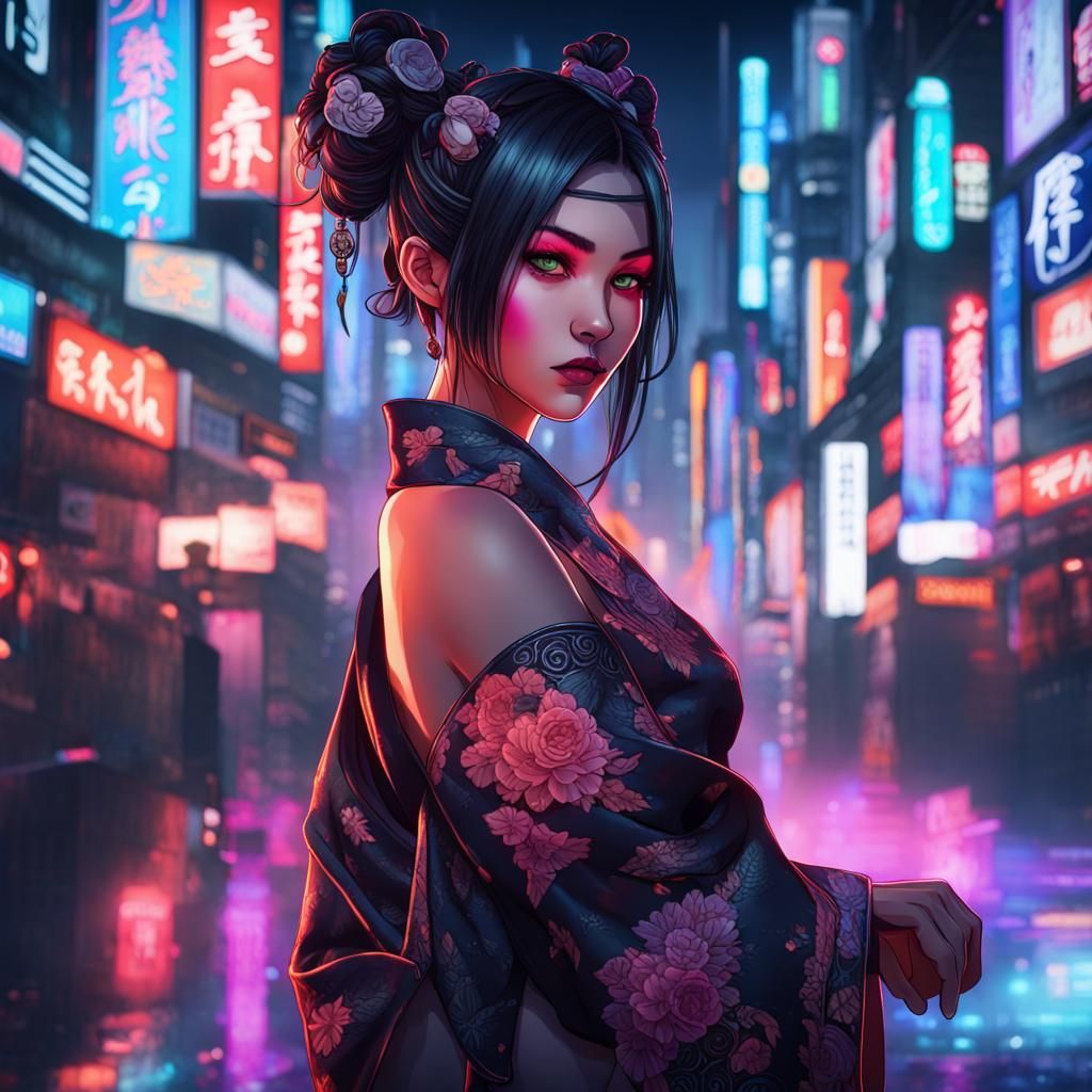 Cyberpunk Anime Girl in Neon Tokyo Night