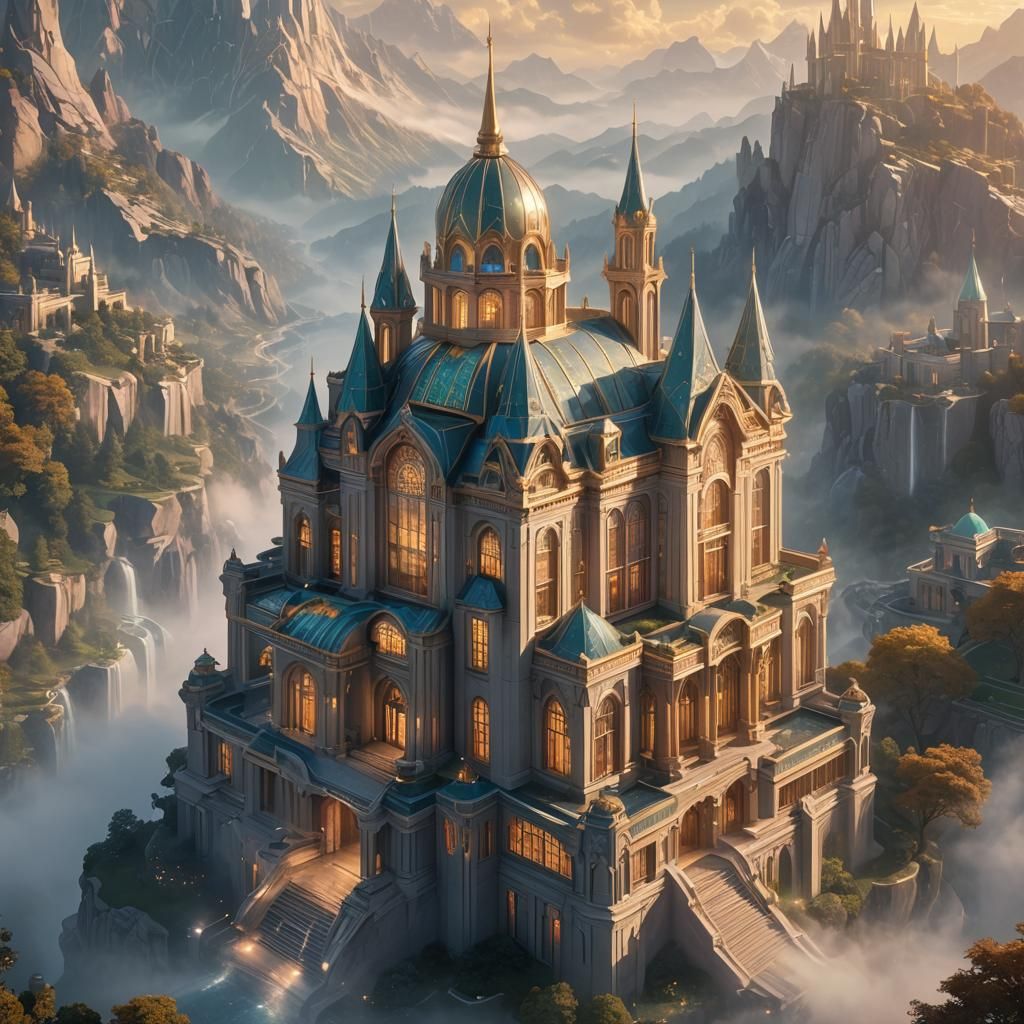 Ethereal Art Deco Palace in Misty Landscape