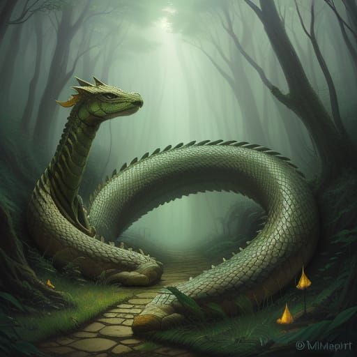 Amphisbaena in Ethereal Forest: Kinkade-Inspired Fantasy