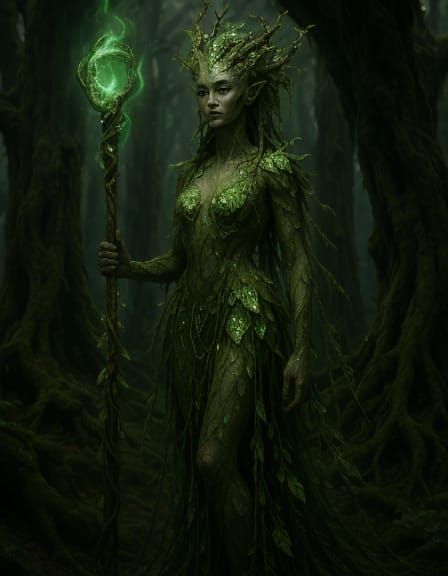 Mystical Forest Dryad with Glowing Staff
