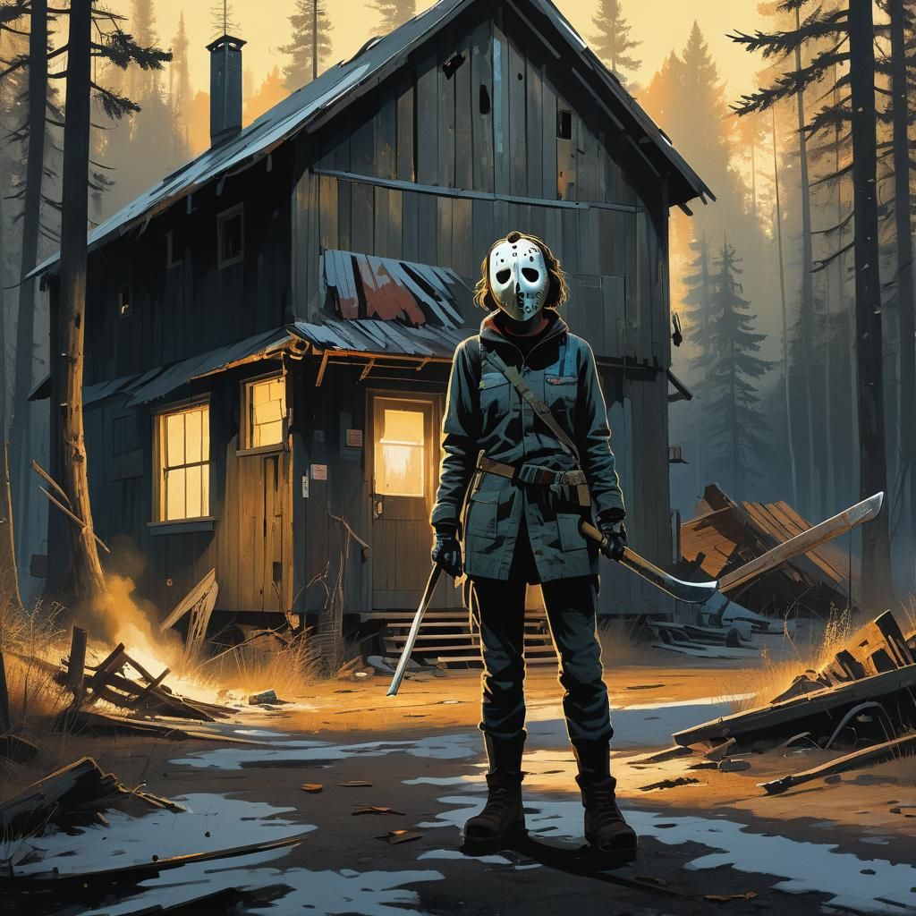 Woman in Hockey Mask in Gritty Noir Style