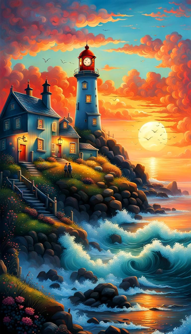 Clockwork Lighthouse Waterfall in Coastal Village