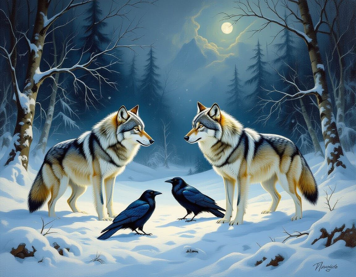 Wolves and Ravens in Snowy Landscape as Romantic Baroque Pai...