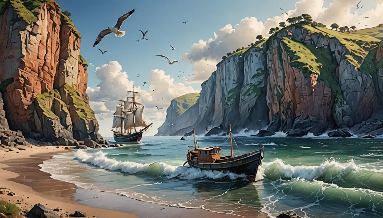 Watercolor Boat on Sea with Cliffs and Gulls
