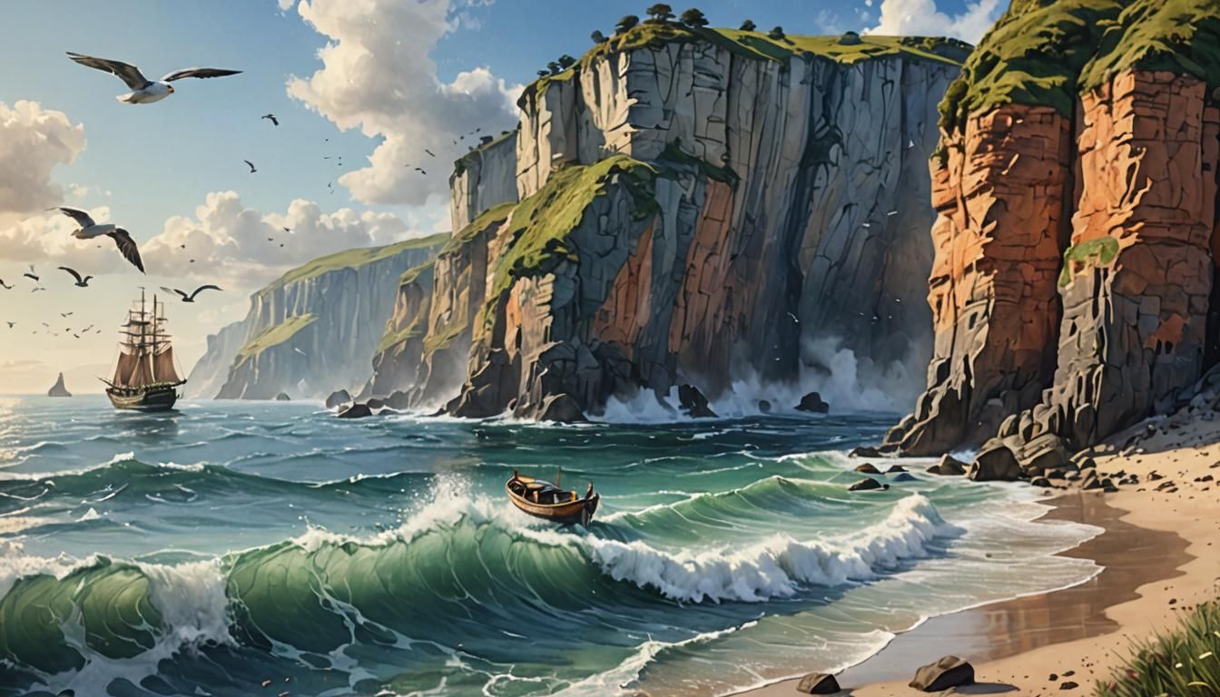 Watercolour Boat on the Sea with Cliffs